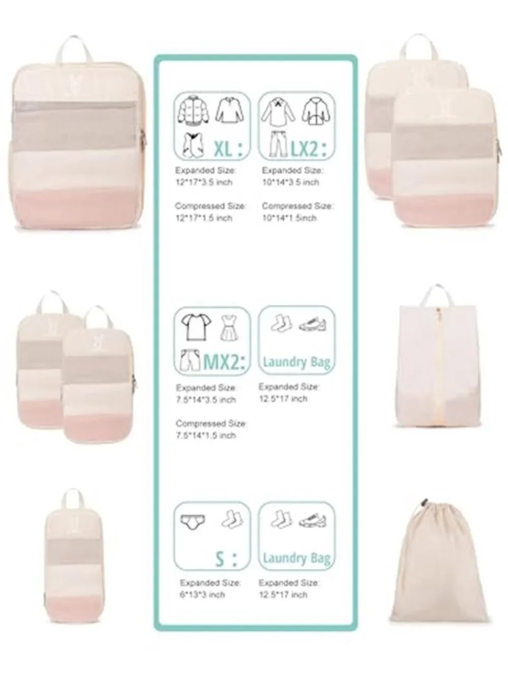 Compression Packing Cubes Expandable Travel Organizer Luggage Storage Set 6Pc